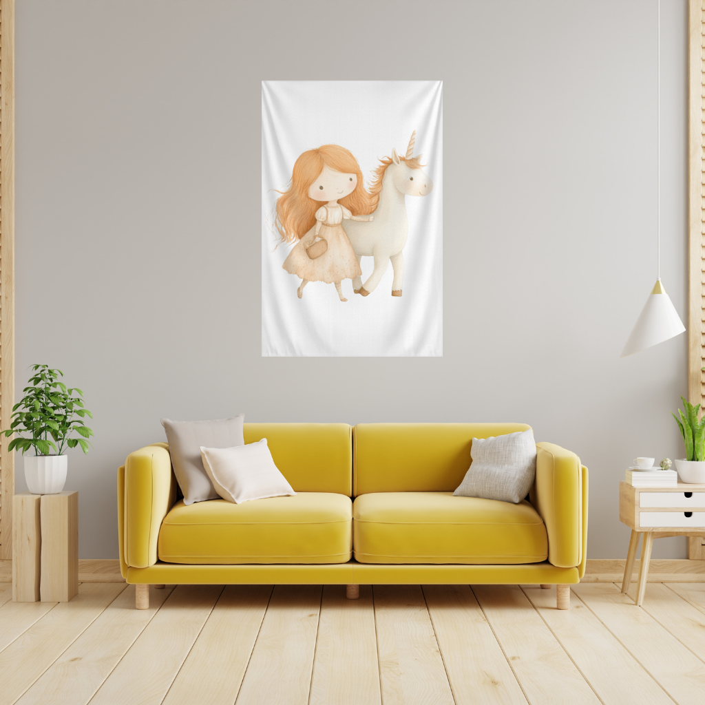 Ginger Girl with Whimsical White Unicorn Wall Tapestry