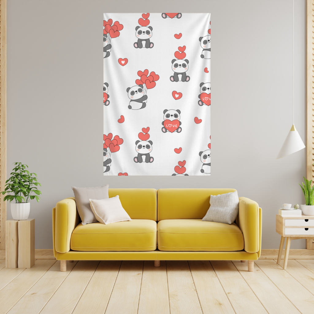 Cute Panda Valentines Day Love Heart Pattern Design Wall Tapestry