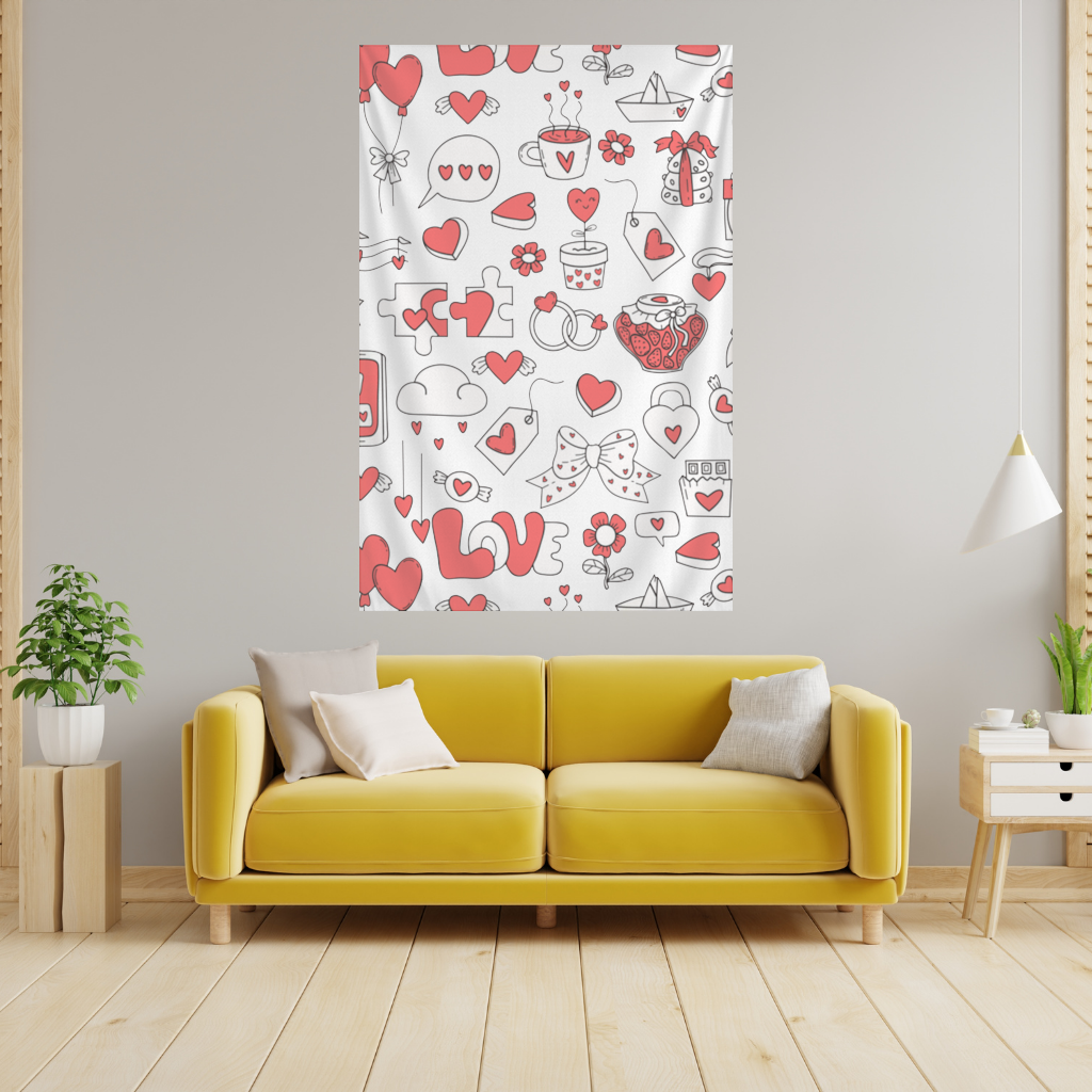 Valentines Day Doodle Love Heart Pattern Cute Design Wall Tapestry