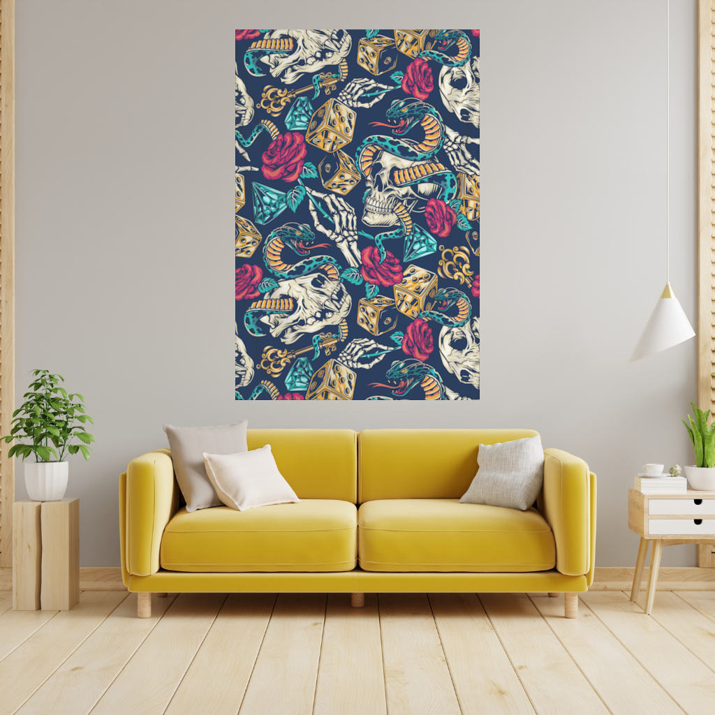 Skull Snake Dice and Roses Pattern Wall Tapestry