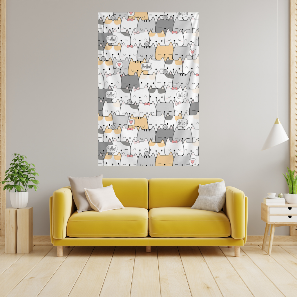 Cute Cartoon Cats Pattern with Speech Bubbles Wall Tapestry