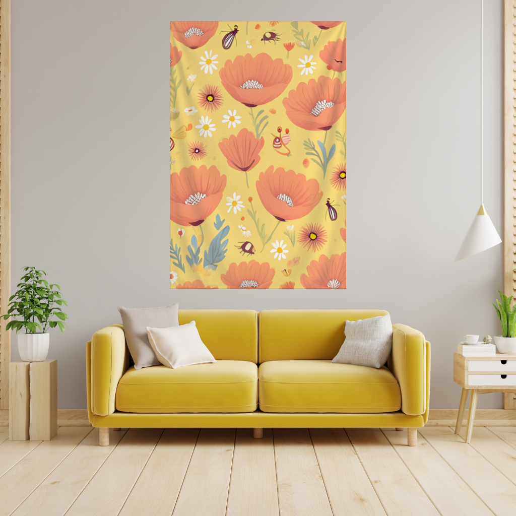 Çiçek ve Böcek Deseni Renkli Pattern Duvar Örtüsü