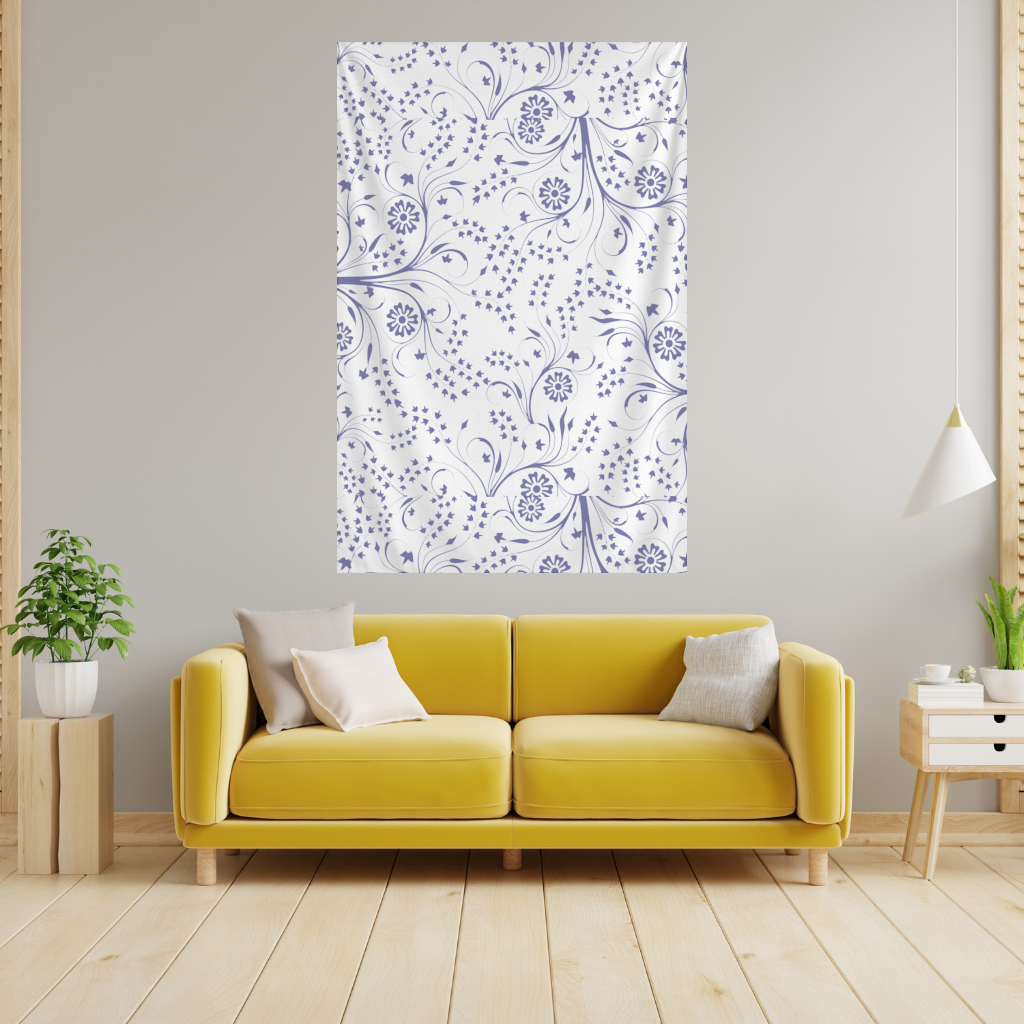 Blue White Vintage Floral Pattern Wall Tapestry