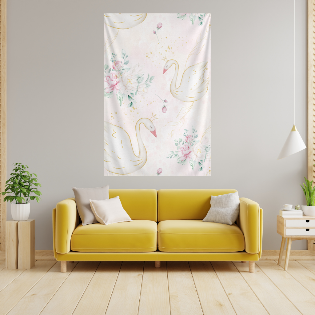 Pastel Watercolor Swan Floral Pattern Wall Tapestry