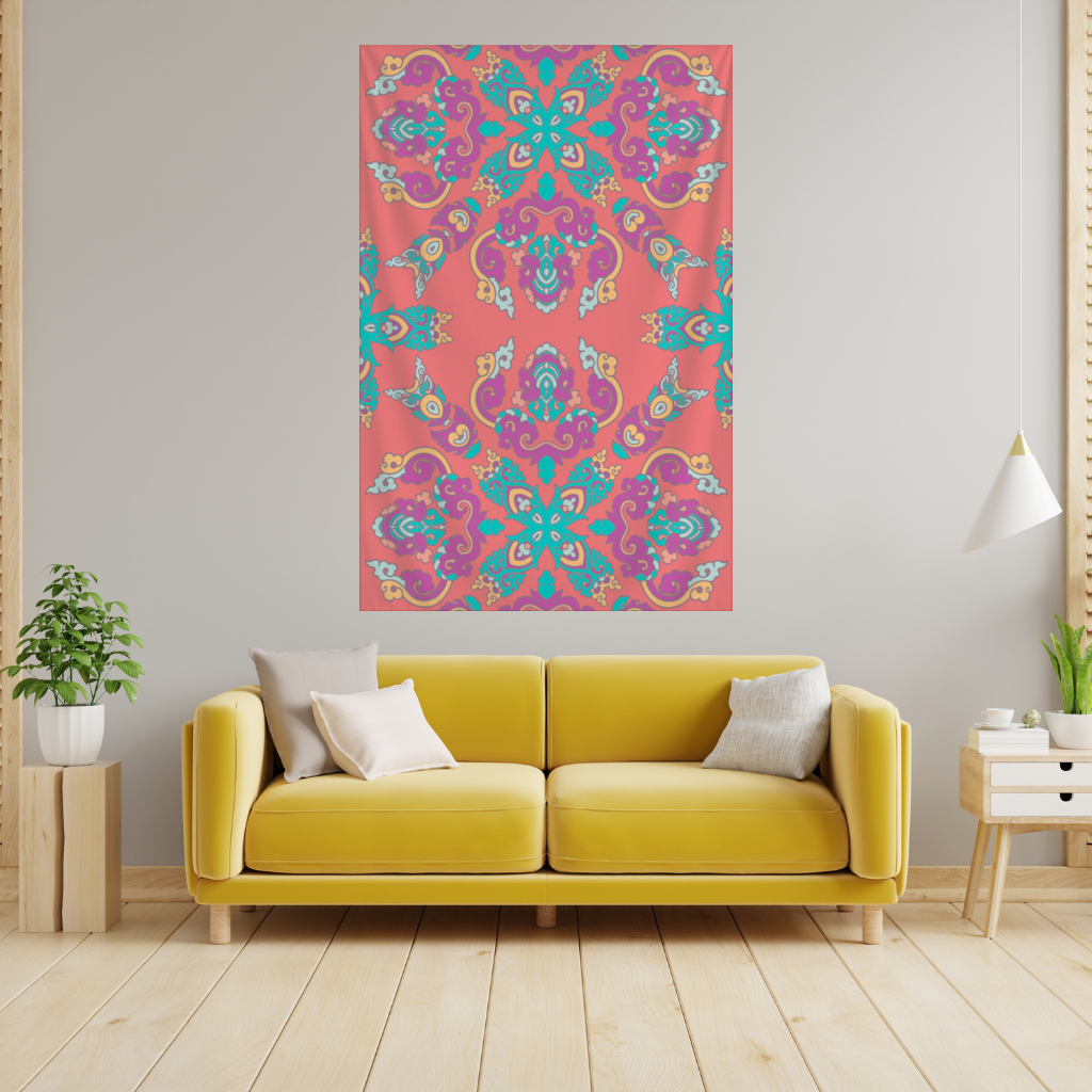 Vibrant Red Oriental Mandala Pattern Wall Tapestry