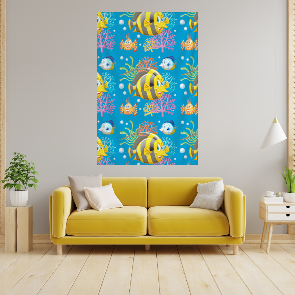 Colorful Tropical Fish and Coral Reef Pattern Wall Tapestry