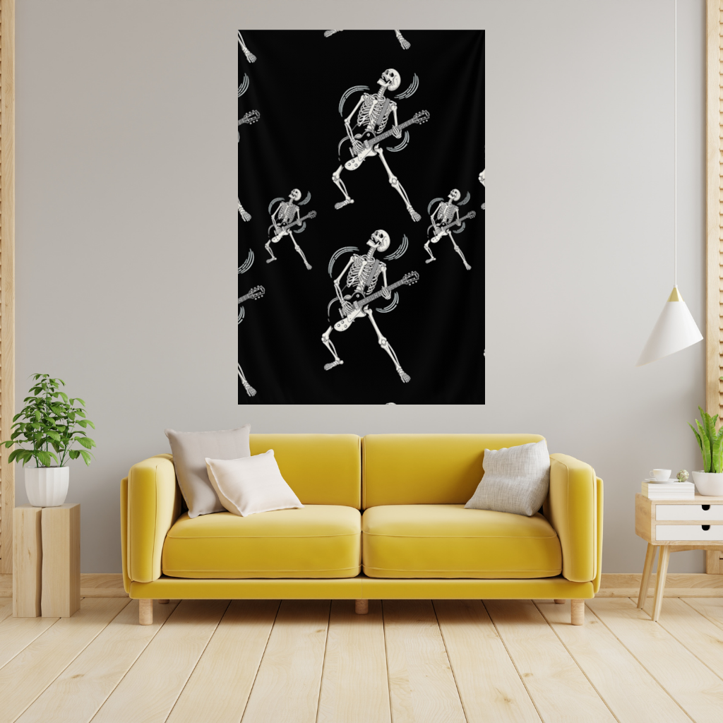 Rock Guitar Playing Skeleton Pattern on Black Wall Tapestry