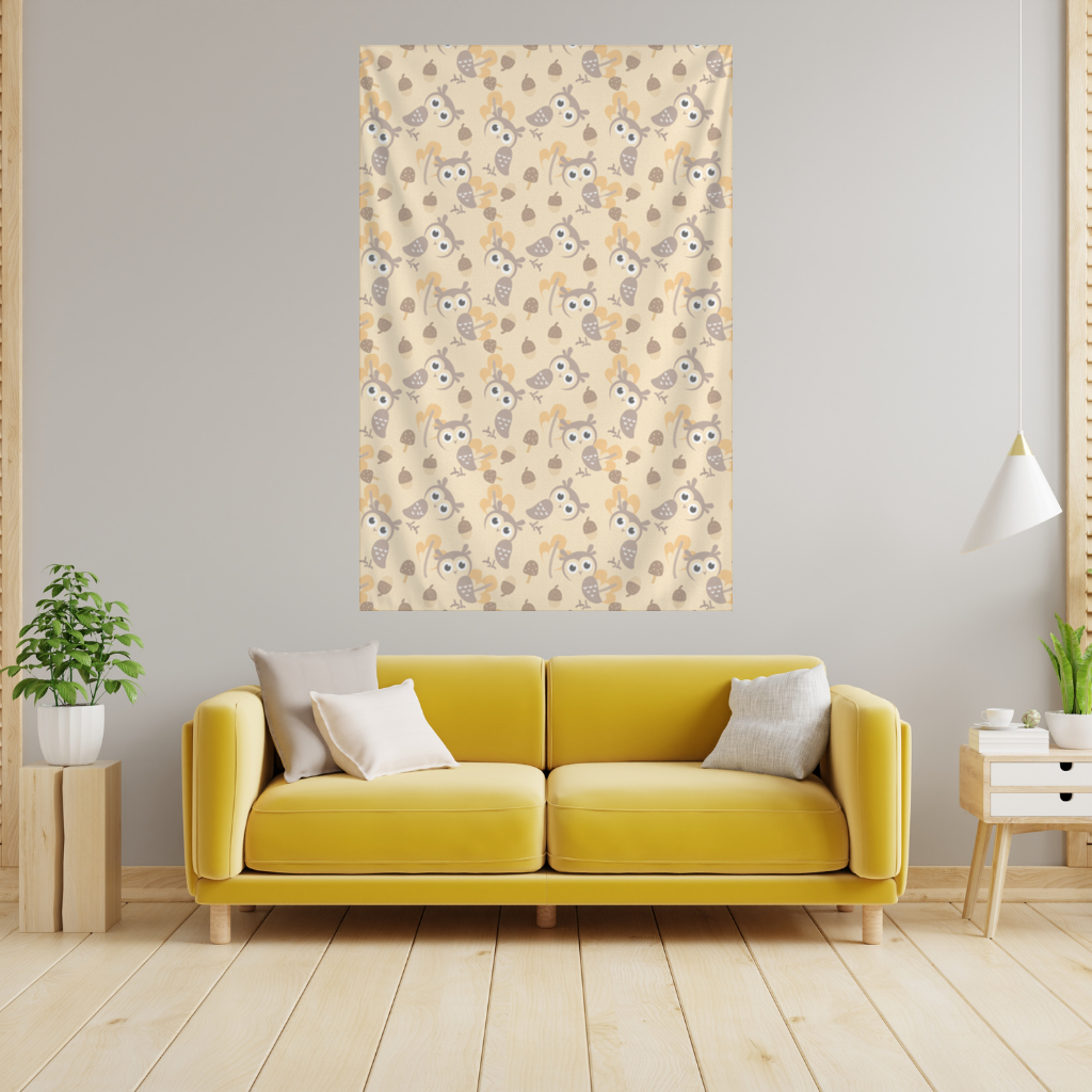 Cute Owl and Acorn Autumn Seamless Pattern Wall Tapestry