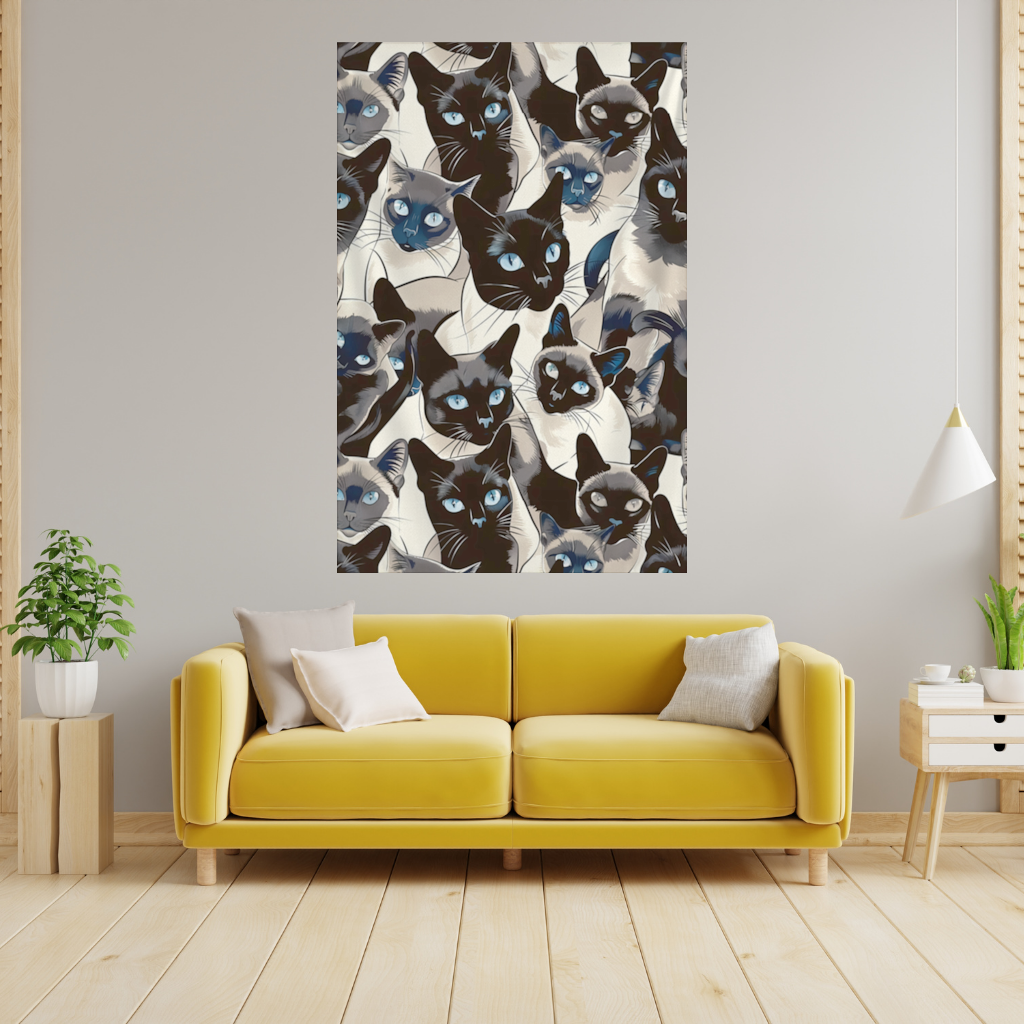 Blue Eyed Siamese Cat Elegant Illustration Pattern Wall Tapestry