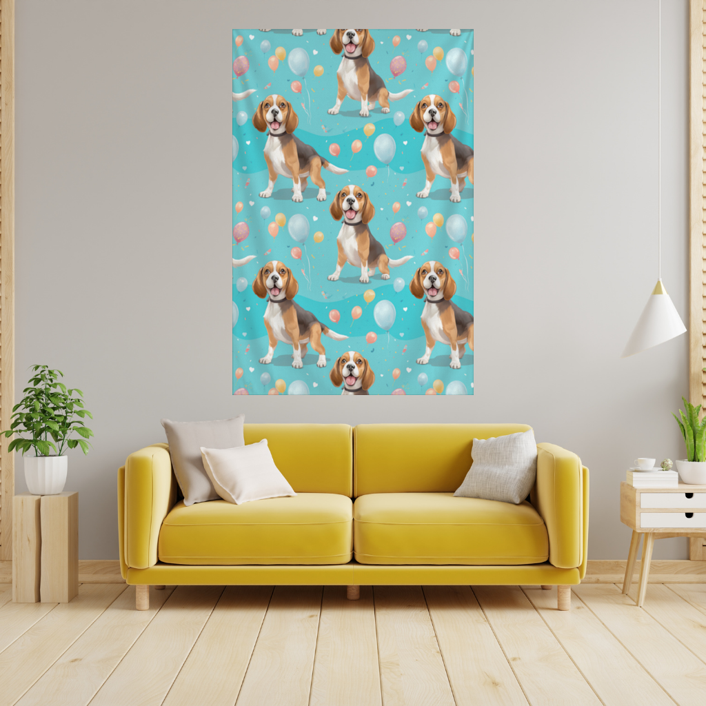 Sevimli Beagle Köpek ve Renkli Balonlar Desenli Tasarım Duvar Örtüsü