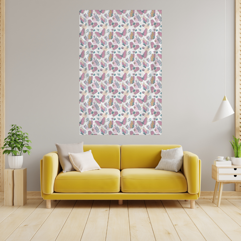Pastel Butterflies and Botanical Leaves Seamless Pattern Wall Tapestry