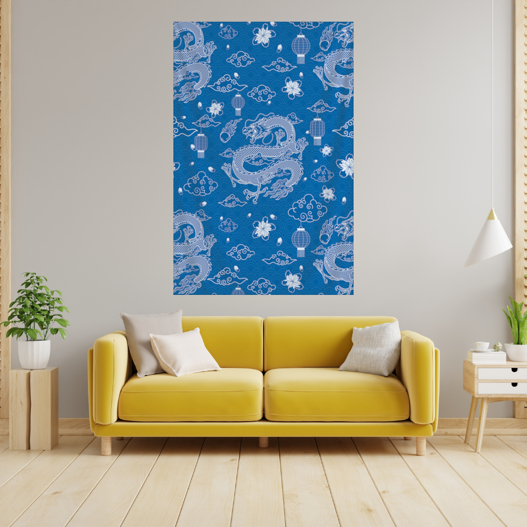 Mavi Zemin Üzerinde Geleneksel Ejderha Deseni Duvar Örtüsü