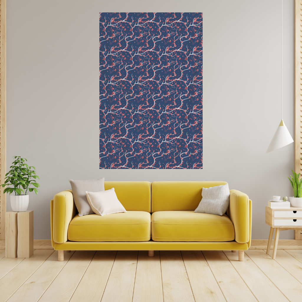 Red Floral Branch Pattern on Navy Background Wall Tapestry