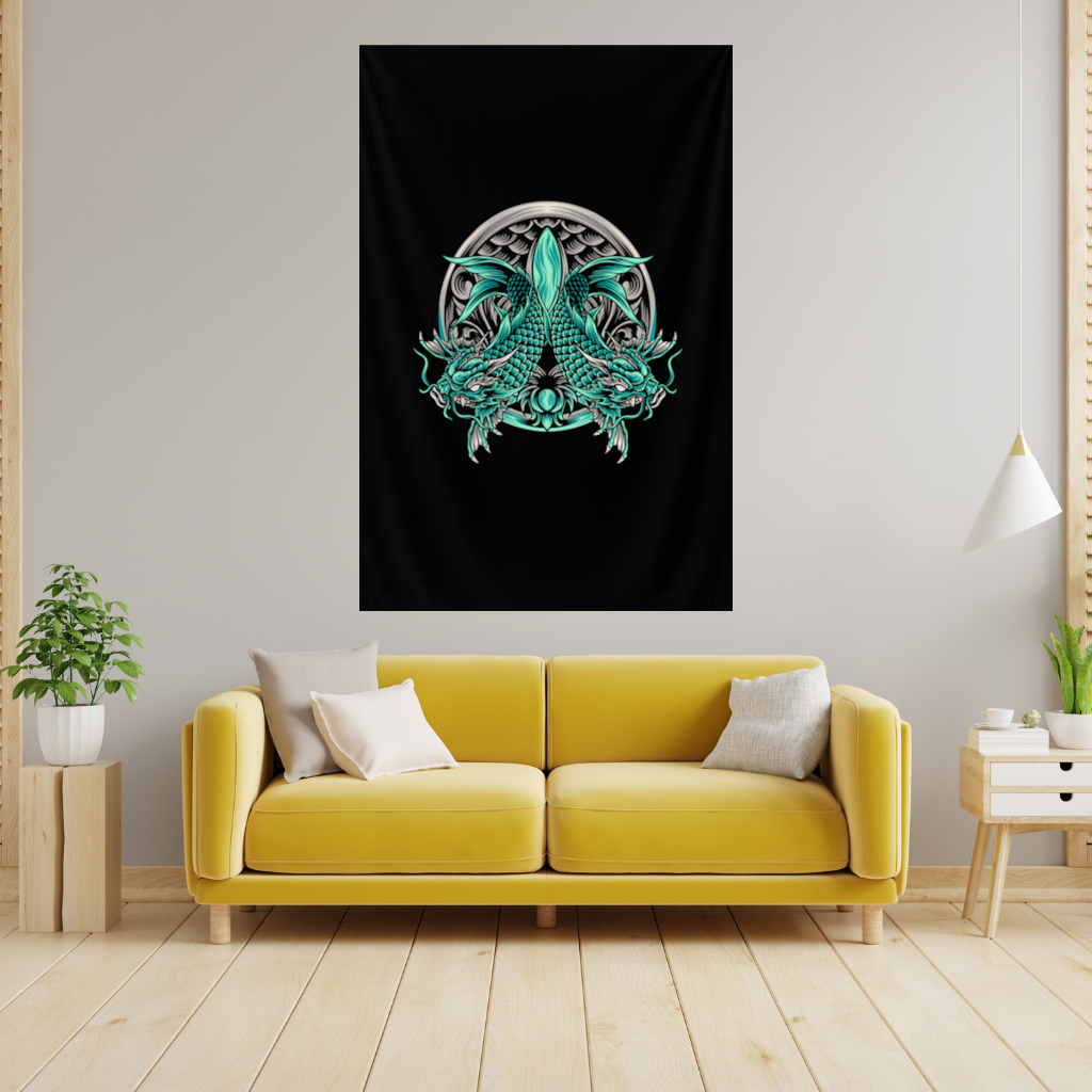 Turquoise Twin Dragon Emblem Design Wall Tapestry