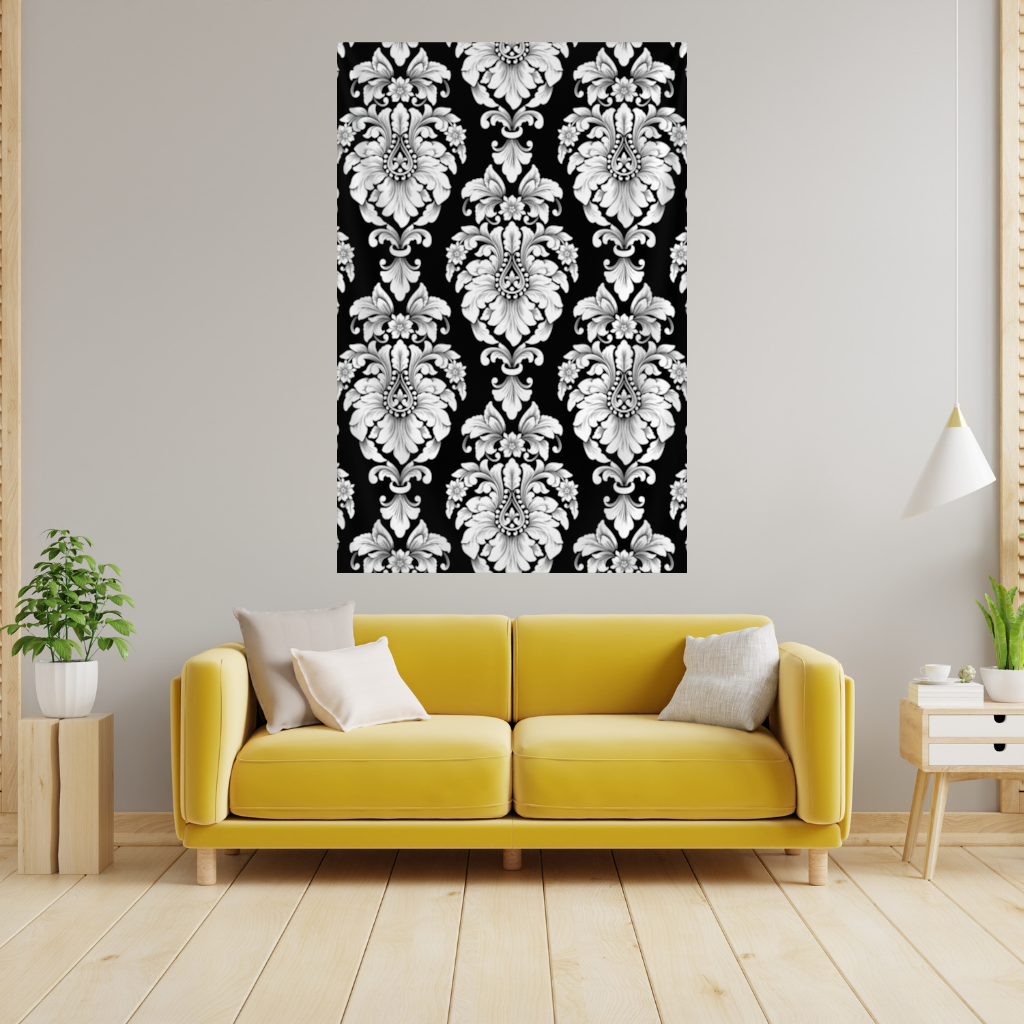 Black and White Baroque Floral Pattern Wall Tapestry