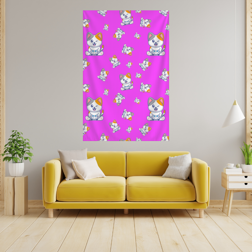 Cute Cartoon Cat Pattern on Pink Background Wall Tapestry