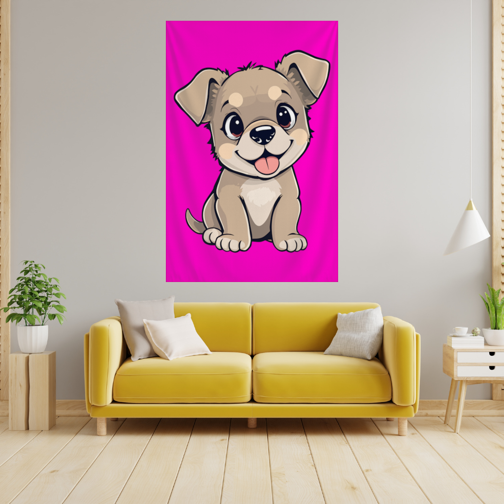 Cute Dog Illustration on Pink Background Wall Tapestry