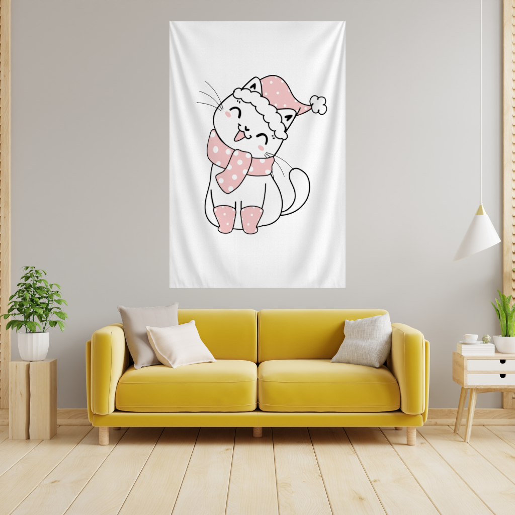 Cute Christmas Cat with Pink Polka Dot Outfit Wall Tapestry