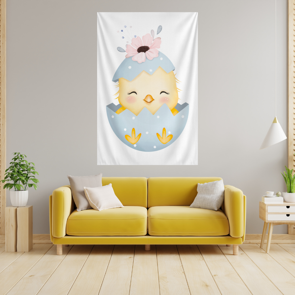 Cute Chick in Egg with Floral Hat Wall Tapestry
