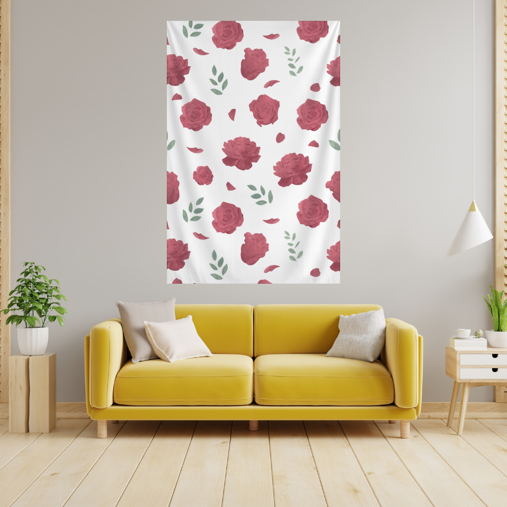 Red Rose and Leaf Romantic Seamless Pattern Wall Tapestry