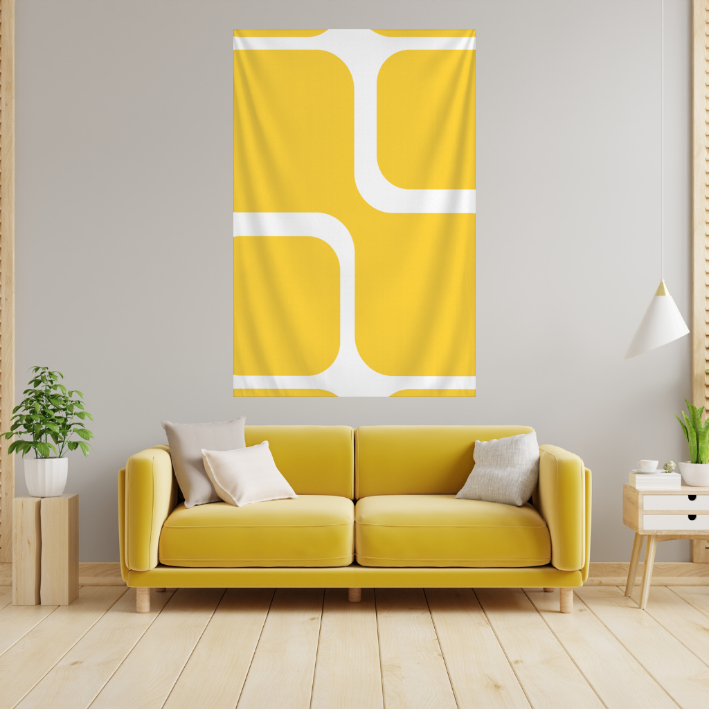 Sarı Geometrik Labirent ve Modern Soyut Desen Duvar Örtüsü