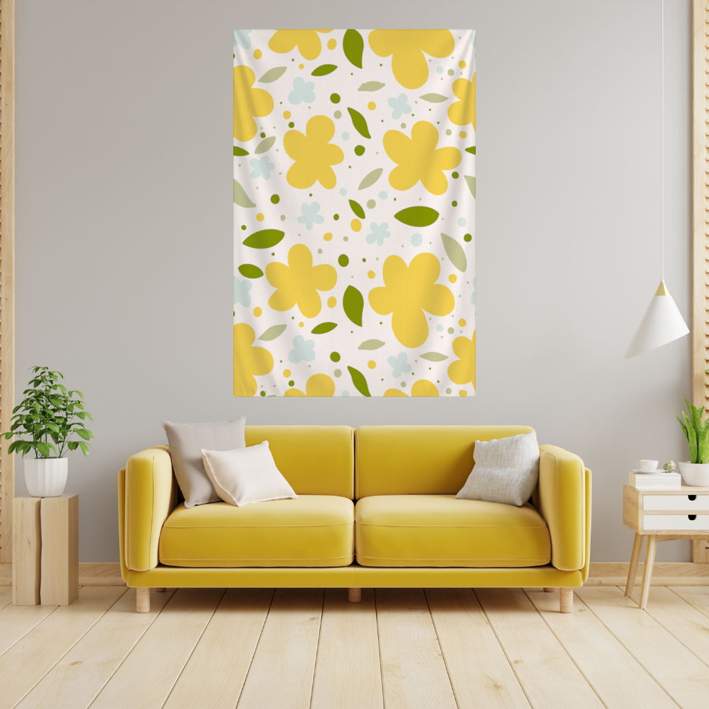 Sarı Çiçekli ve Yapraklı Boho Tarzı Dikişsiz Desen Duvar Örtüsü