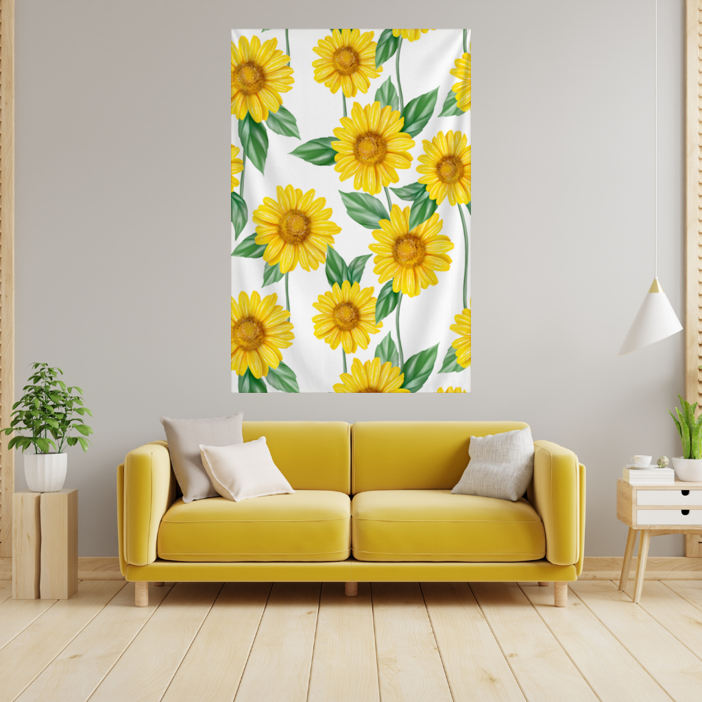 Vibrant Yellow Sunflower and Green Leaf Pattern Illustration Wall Tapestry