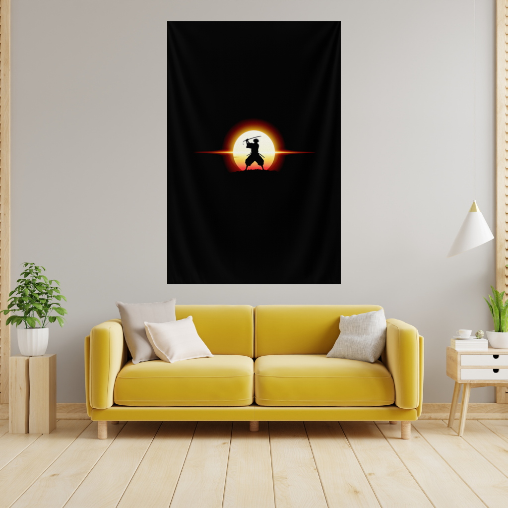 Samurai Silhouette Under the Rising Sun Honor and Strength Wall Tapestry