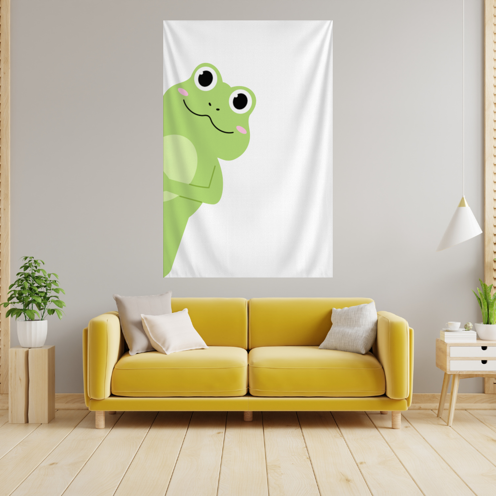 Cute Green Frog Peek-a-Boo Illustration Wall Tapestry