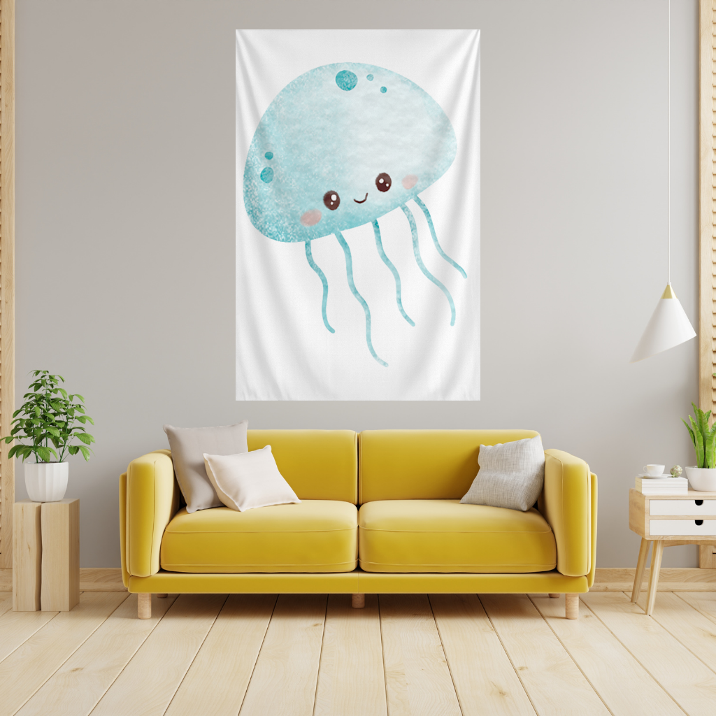 Cute Blue Jellyfish Character Wall Tapestry