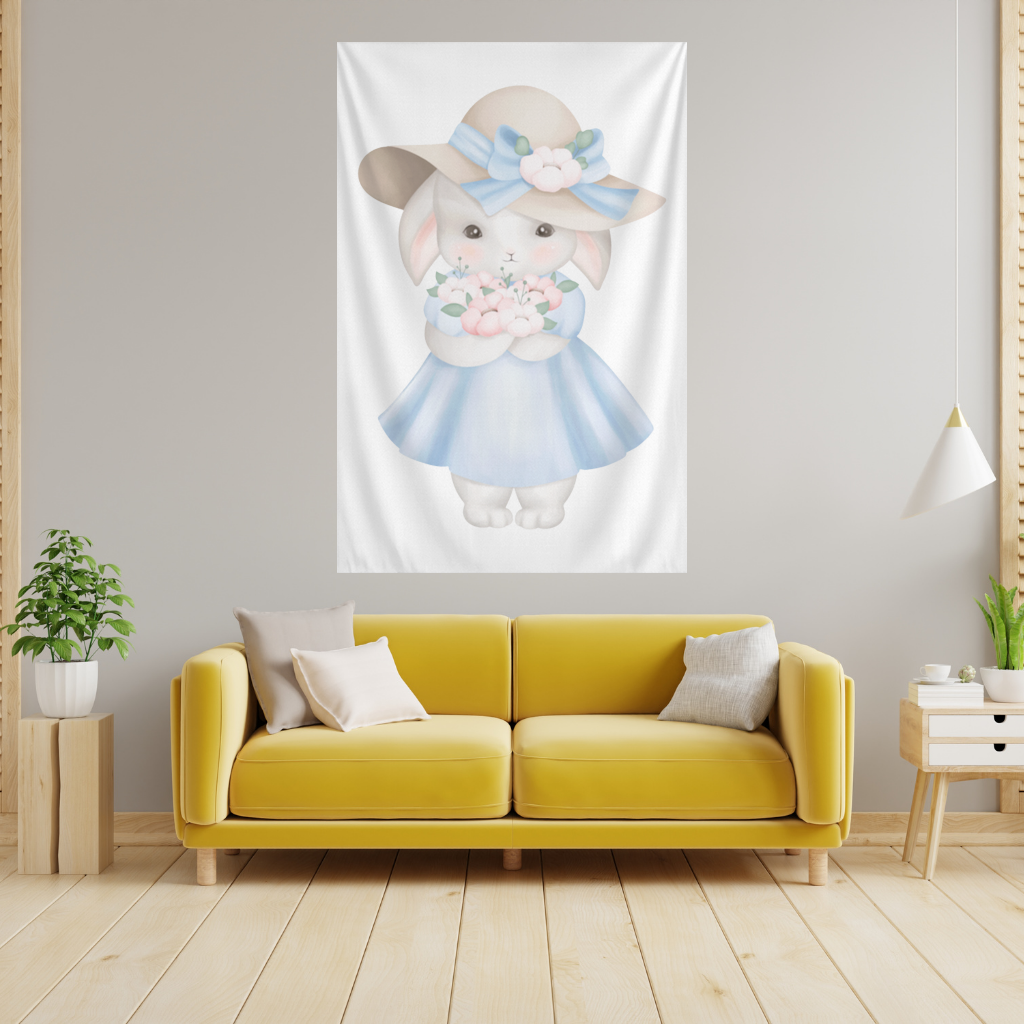 Cute Bunny with Hat Holding Flowers Wall Tapestry