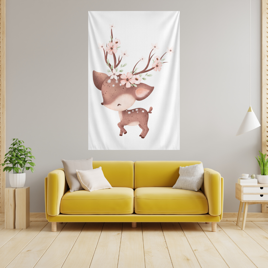 Çiçekli Boynuzlu Sevimli Yavru Geyik Duvar Örtüsü