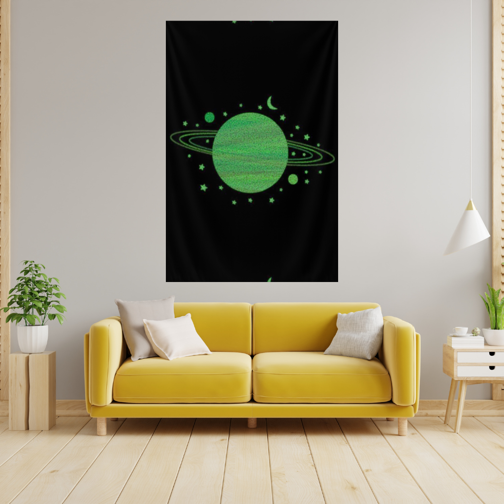 Green planets on a black background. Wall Tapestry