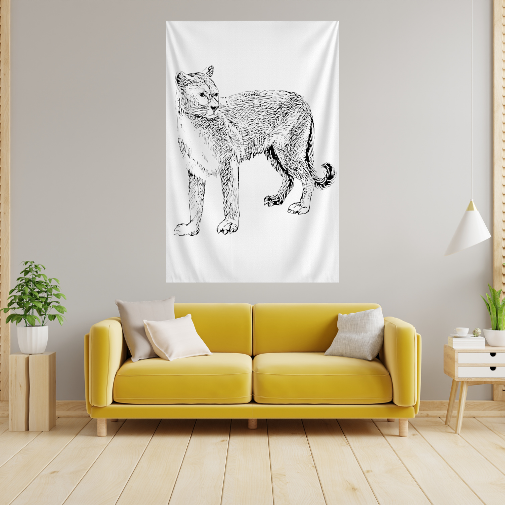 Black and White Wild Cat Sketch Illustration Wall Tapestry