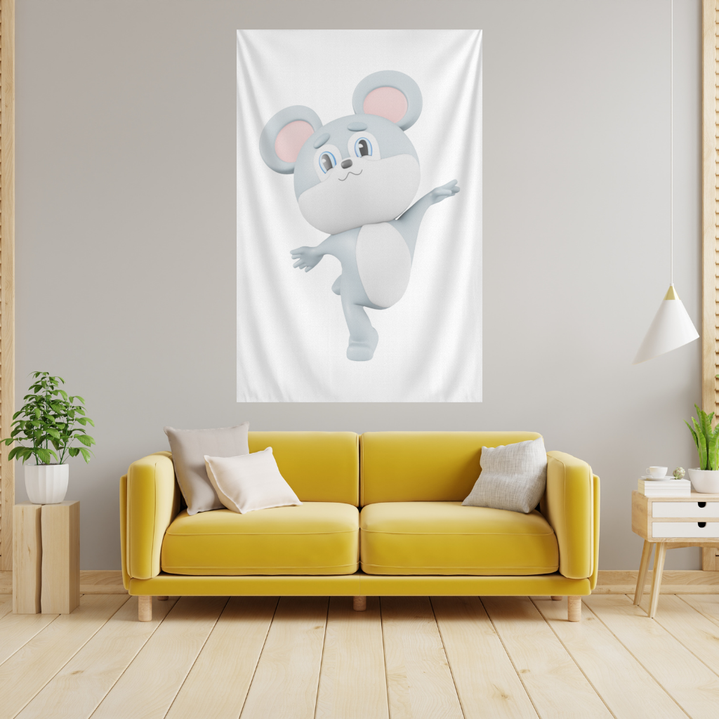 Dancing Cute Grey Mouse Character Wall Tapestry