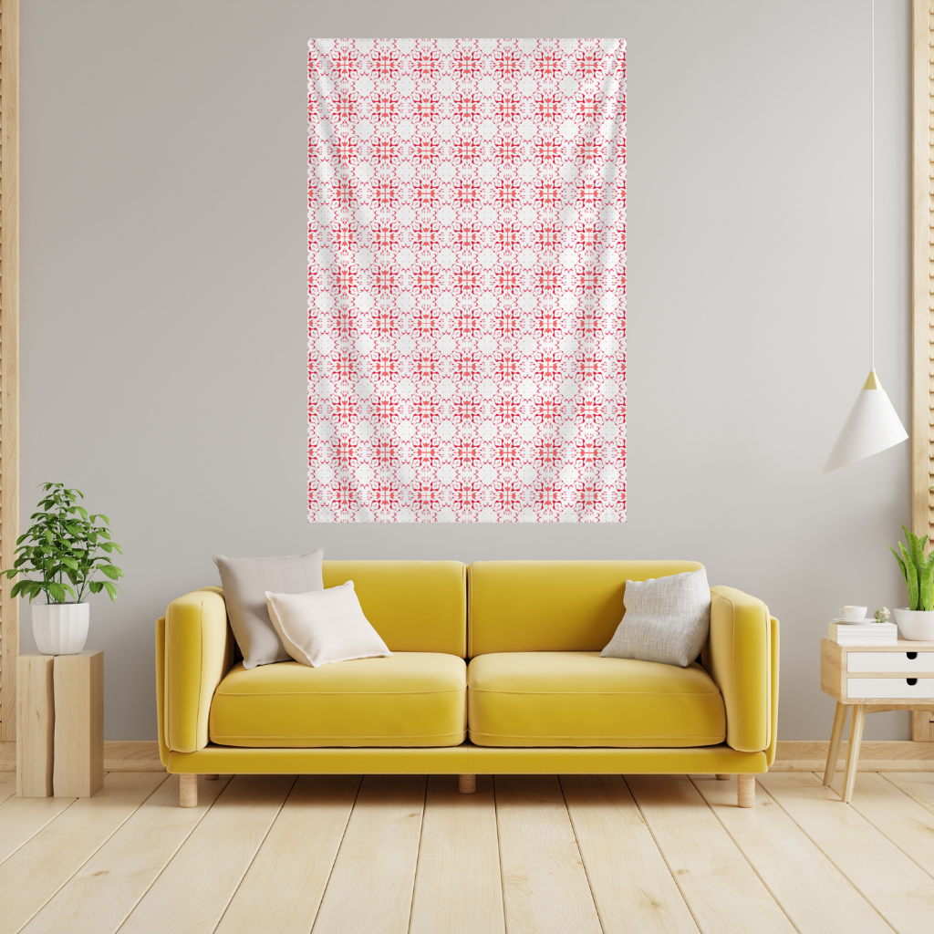 Red and White Traditional Tile Style Pattern Wall Tapestry