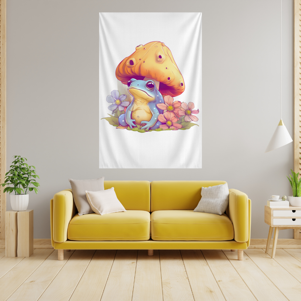 Blue Frog Resting Under Orange Mushroom 