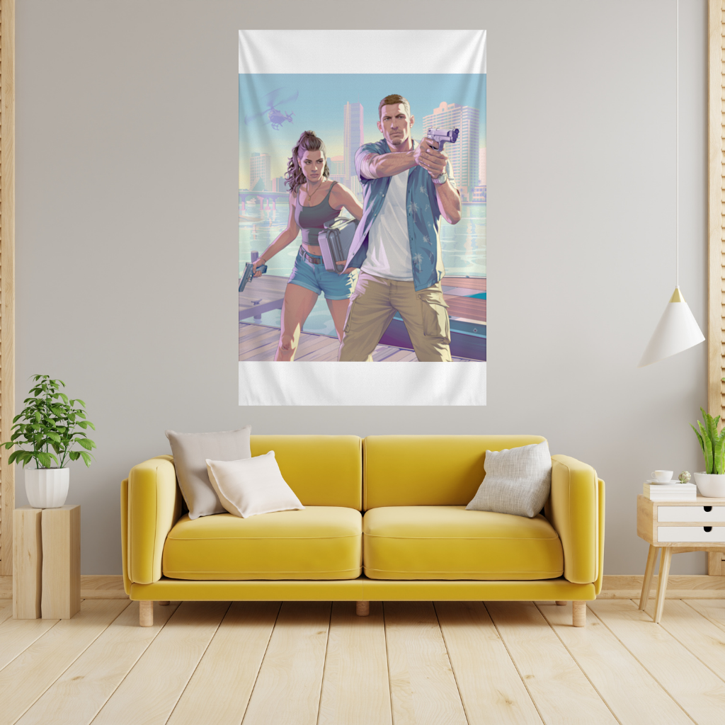Vice City Showdown  Tropical Heist Duo Wall Tapestry