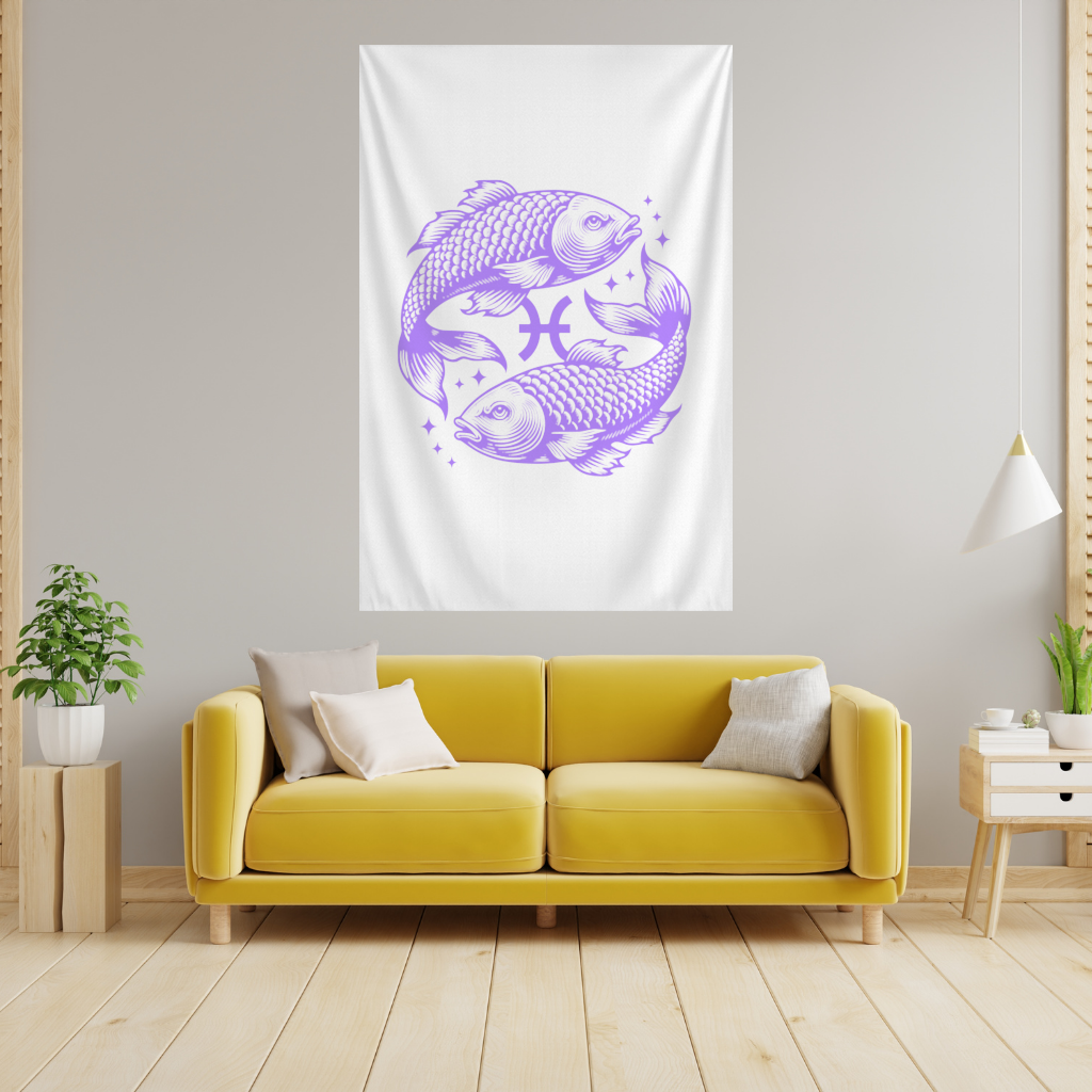 Pisces Zodiac Symbol with Purple Fish Art 