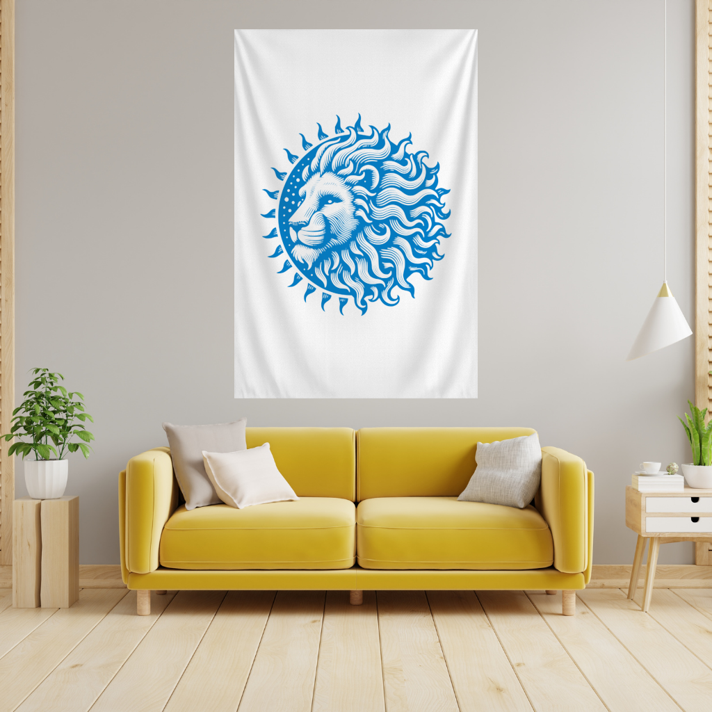 Aslan Burcu Güneş ve Ay Esintili Mavi Tasarım Duvar Örtüsü