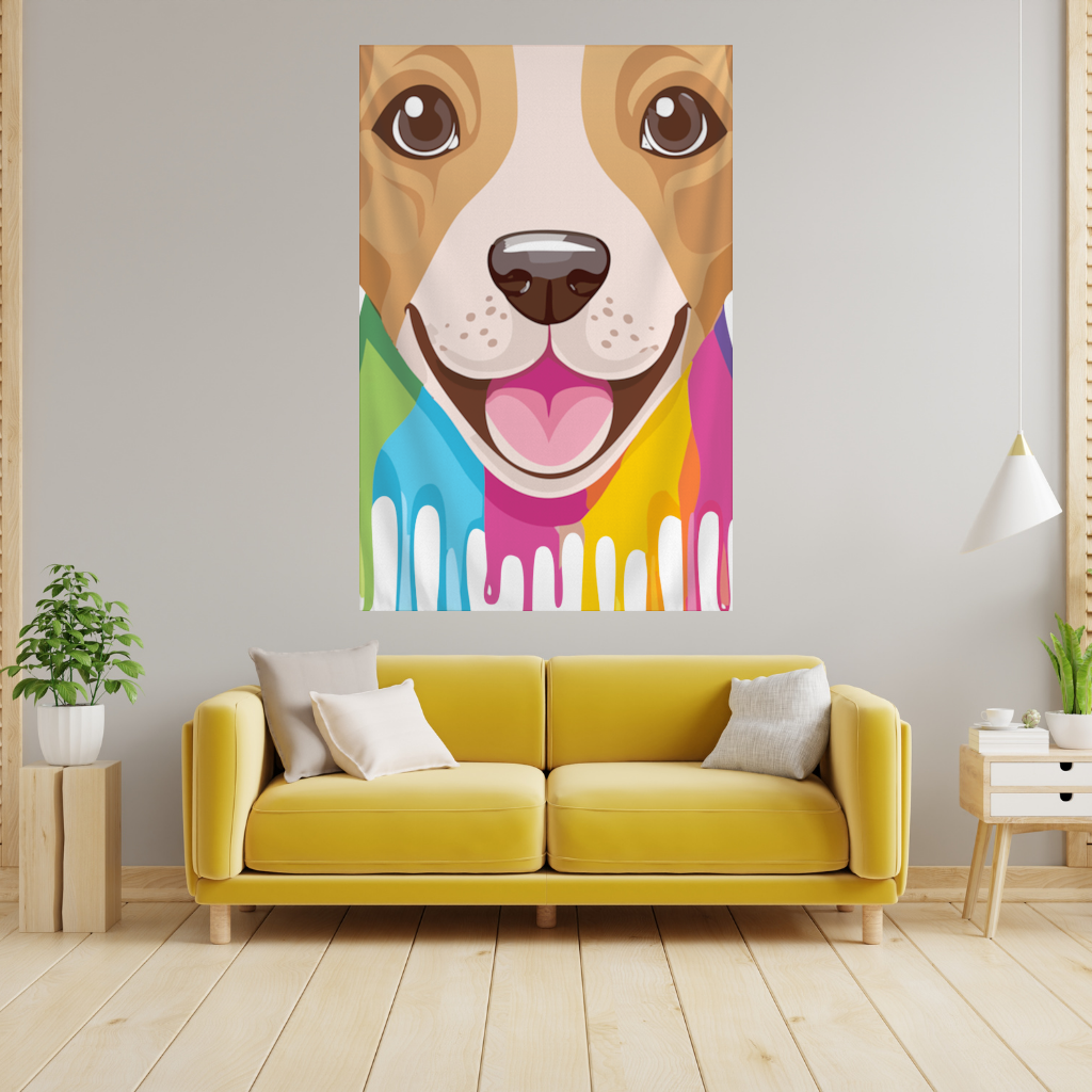 Happy Dog with Colorful Paint Drips Wall Tapestry