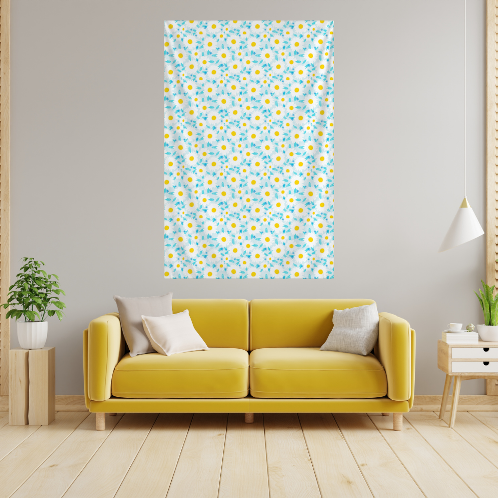 Daisy Garden and Turquoise Leaves Pattern Wall Tapestry