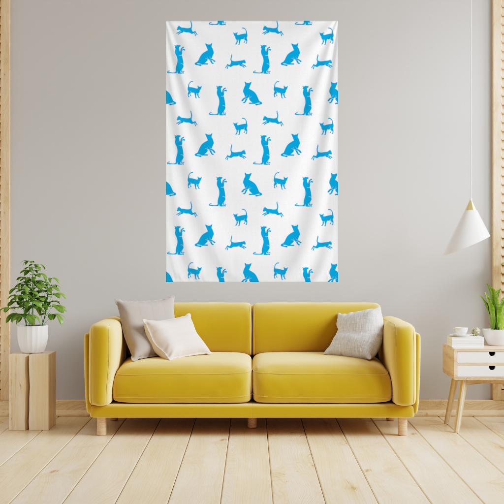 Blue Cat Silhouettes Seamless Pattern Wall Tapestry