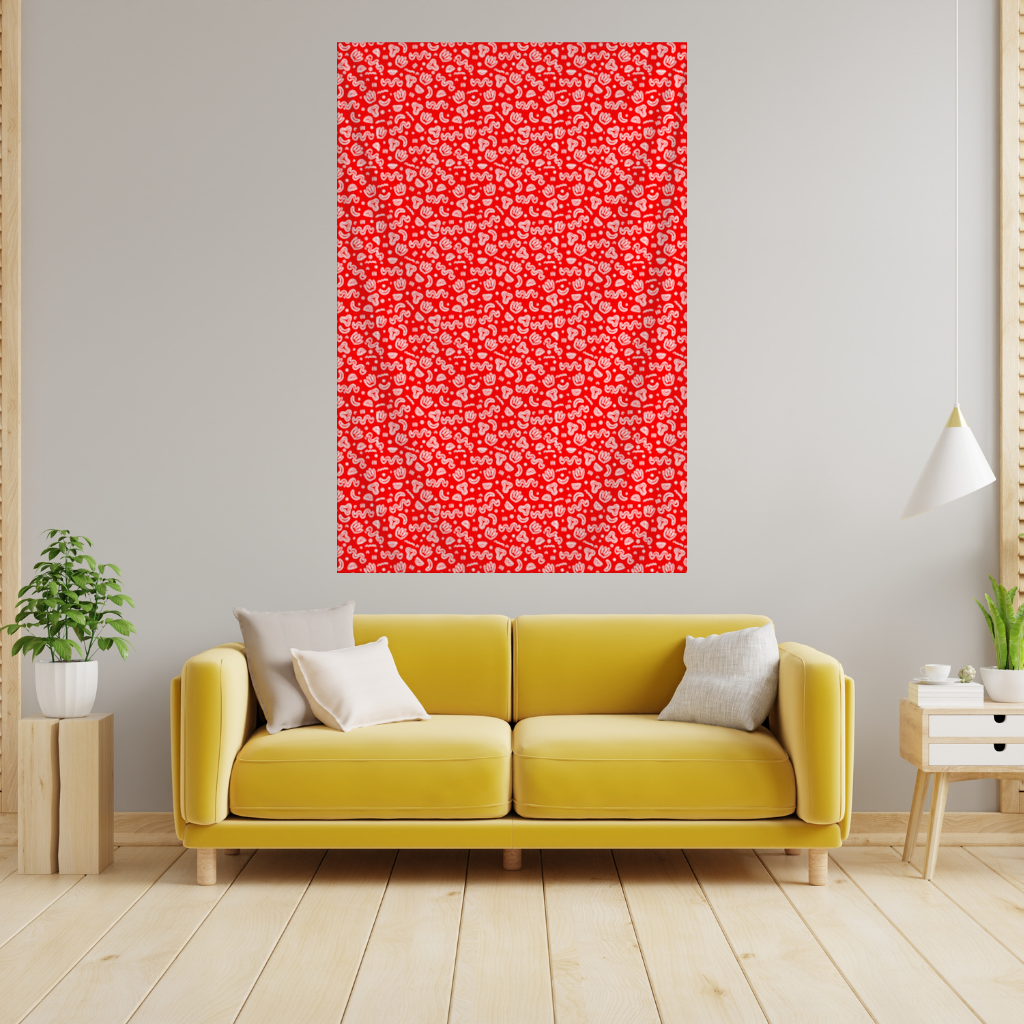 Red Abstract Doodle Wall Tapestry