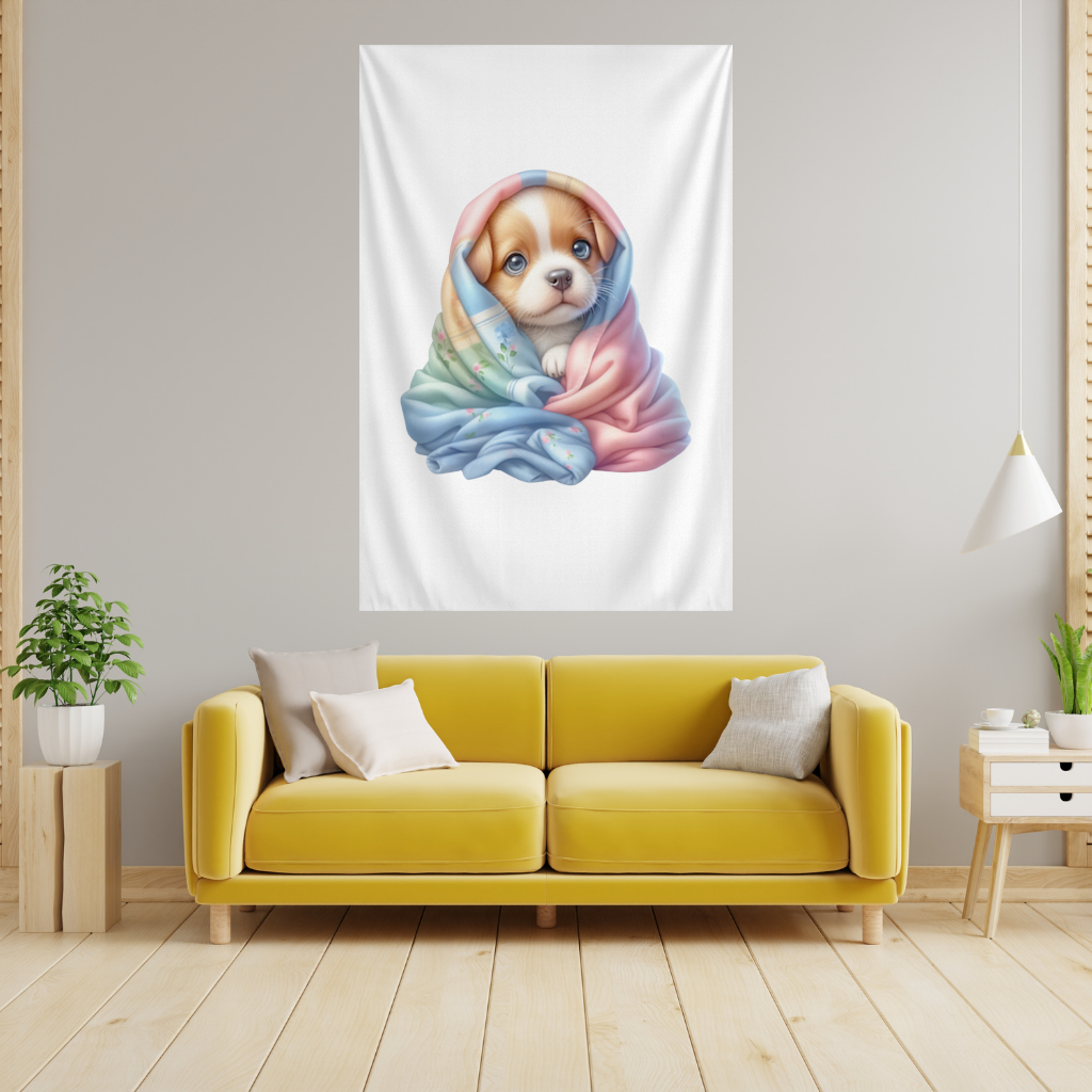 Cute Puppy Wrapped in Colorful Blanket Wall Tapestry