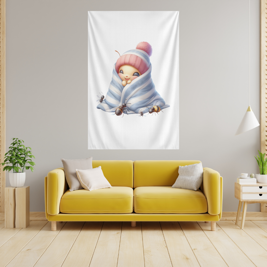 Kawaii Baby Bee in Pink Beanie Wall Tapestry