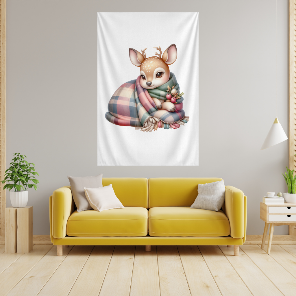 Kawaii Baby Deer with Plaid Scarf Wall Tapestry
