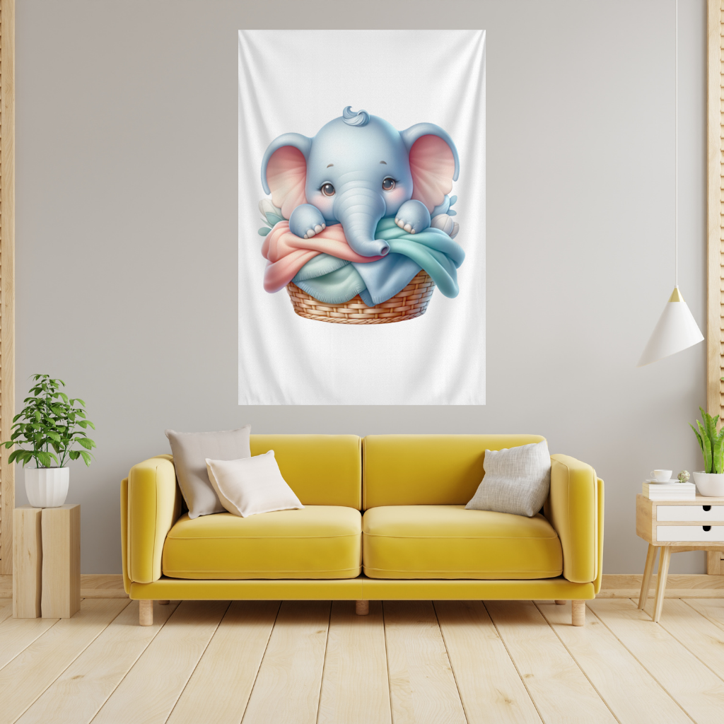 Cute Baby Elephant in Basket Wall Tapestry