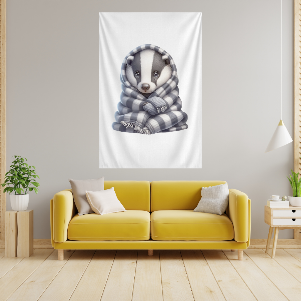 Cozy Baby Badger Wrapped in Blanket Wall Tapestry