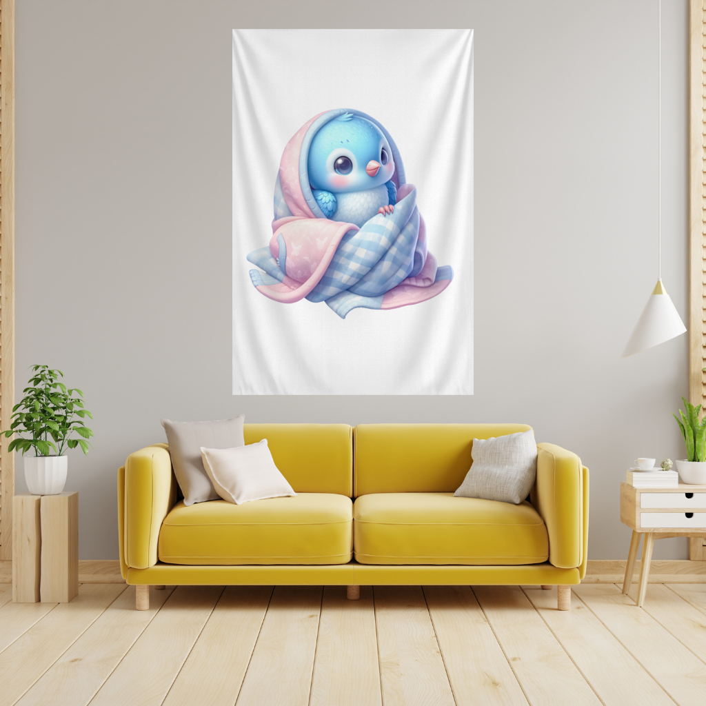 Kawaii Blue Bird in Blanket Wall Tapestry
